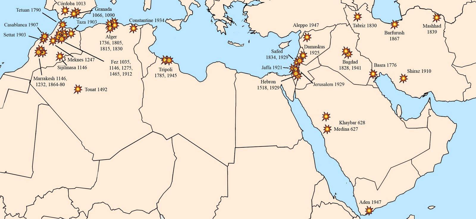 Χάρτης: Σφαγές και πογκρόμ Εβραίων χωρίς τις περιπτώσεις 'Λίβελος του Αίματος' [Torbjorn Karfunkel 2011]